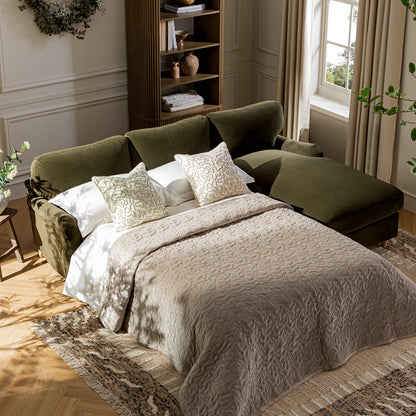 Canapé-lit en velours d'algues Daphnis, grande méridienne orientée à droite