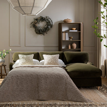 Canapé-lit en velours d'algues Daphnis, grande méridienne orientée à droite