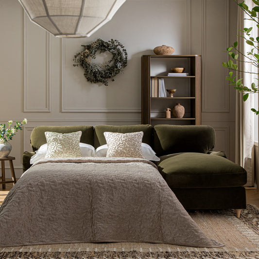 Canapé-lit en velours d'algues Daphnis, grande méridienne orientée à droite