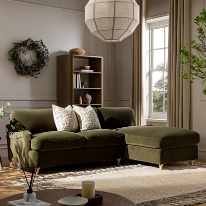 Canapé-lit en velours d'algues Daphnis, grande méridienne orientée à droite