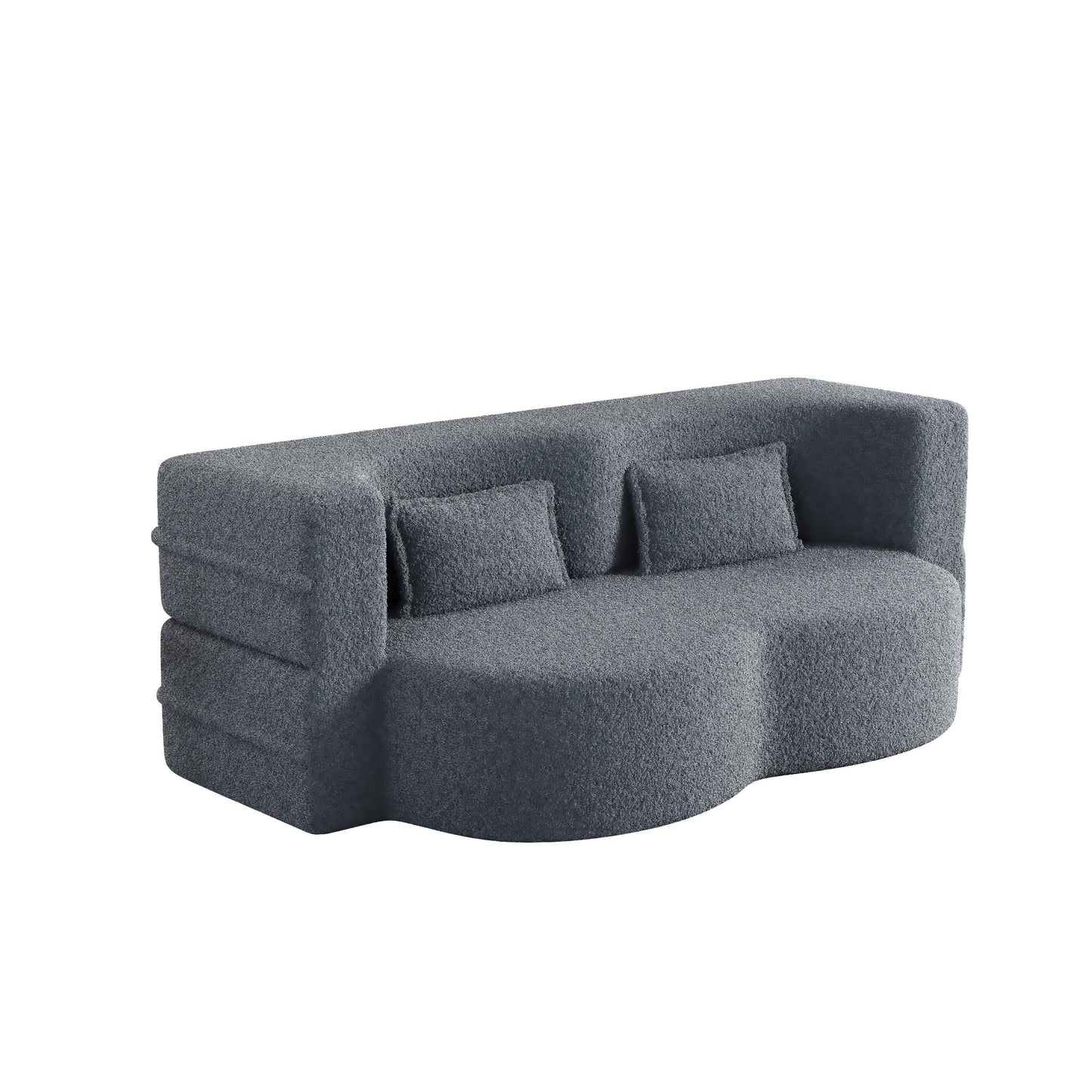 Canapé-lit convertible deux places en tissu Teddy gris 78, garni de mousse, avec 2 oreillers et matelas pliable pour salon