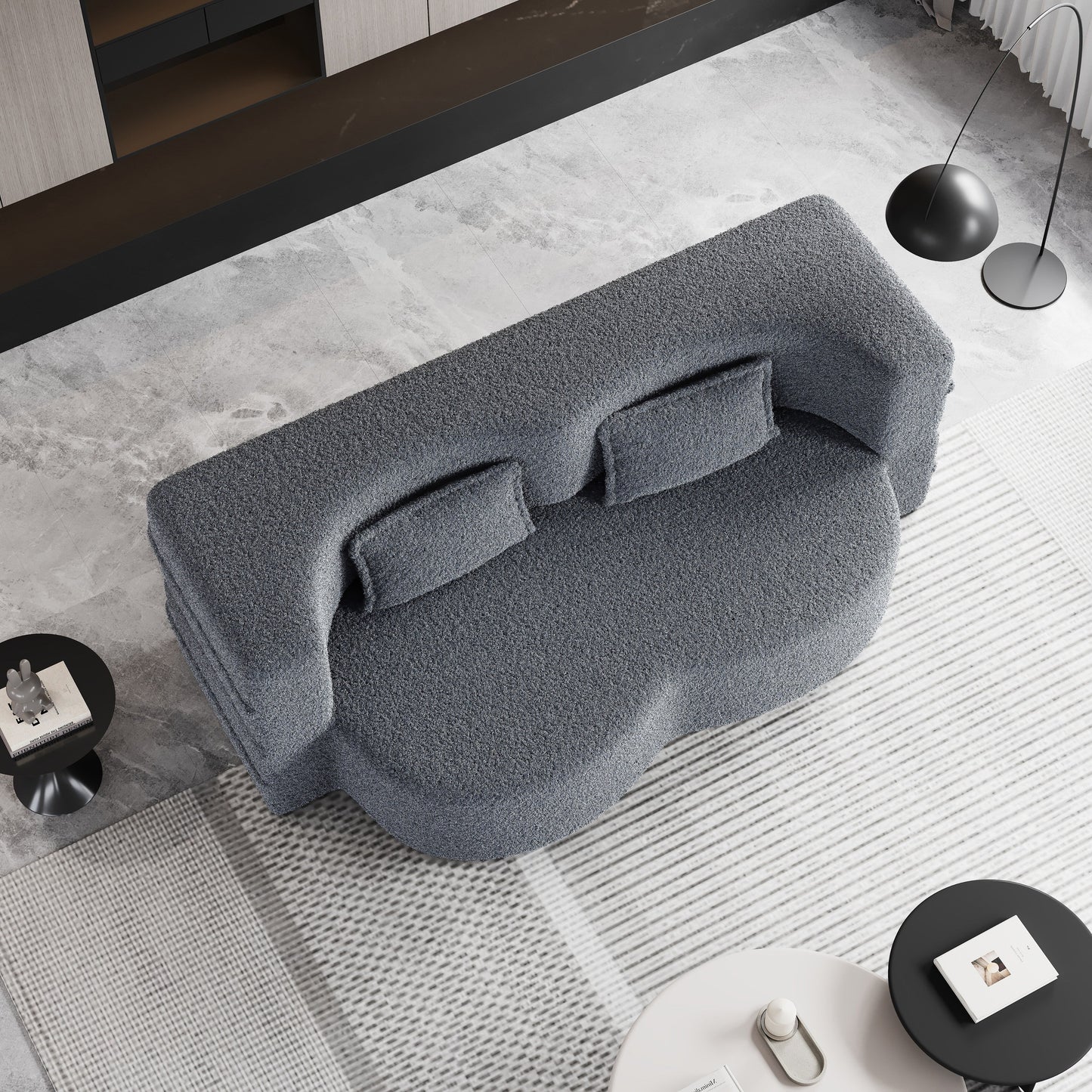Canapé-lit convertible deux places en tissu Teddy gris 78, garni de mousse, avec 2 oreillers et matelas pliable pour salon