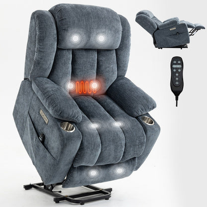 Fauteuil inclinable électrique en chenille grise avec fonction massage, chauffage lombaire, ports USB et Type-C et porte-gobelets en acier inoxydable