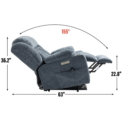Fauteuil inclinable électrique en chenille grise avec fonction massage, chauffage lombaire, ports USB et Type-C et porte-gobelets en acier inoxydable