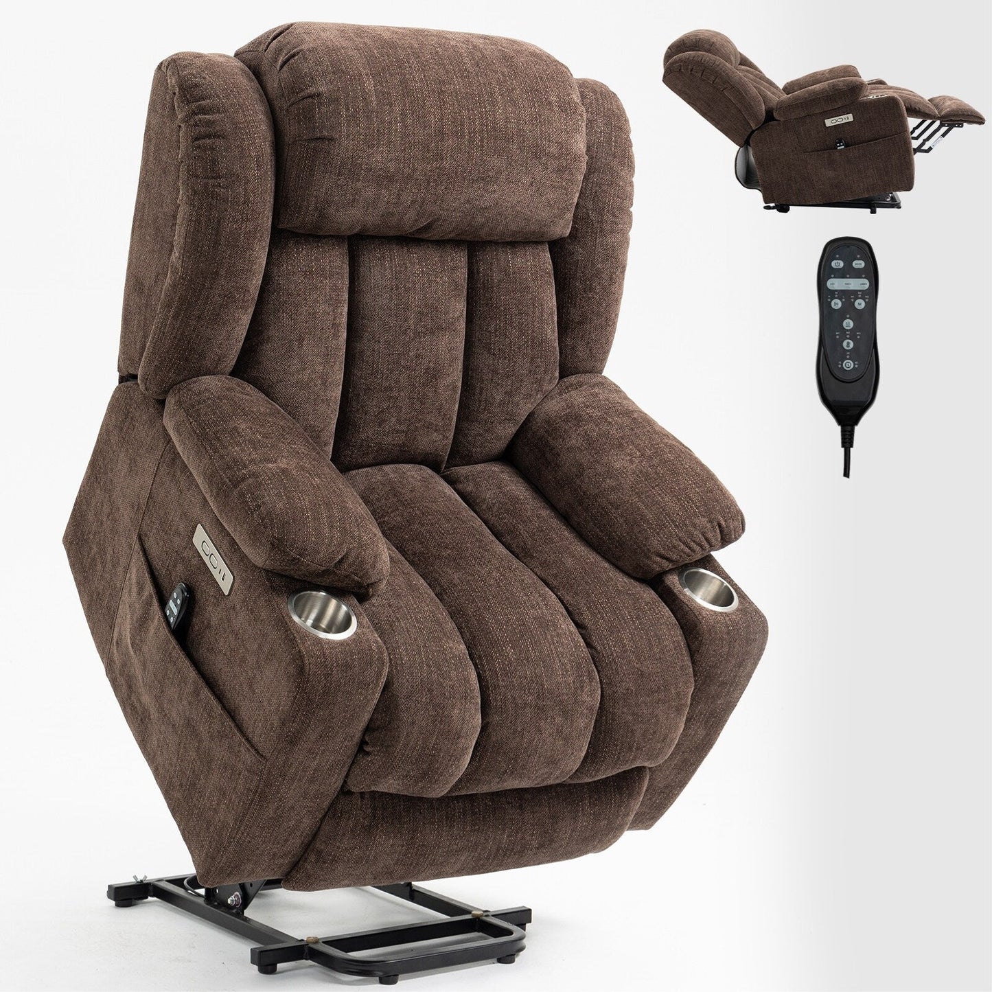 Fauteuil inclinable électrique en chenille grise avec fonction massage, chauffage lombaire, ports USB et Type-C et porte-gobelets en acier inoxydable