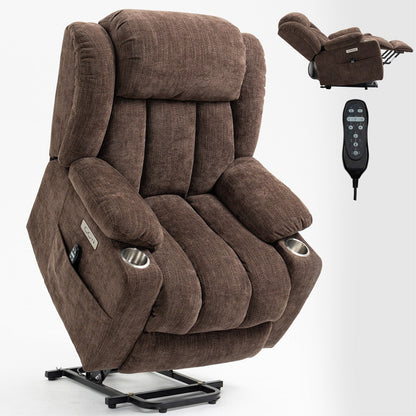 Fauteuil inclinable électrique en chenille grise avec fonction massage, chauffage lombaire, ports USB et Type-C et porte-gobelets en acier inoxydable
