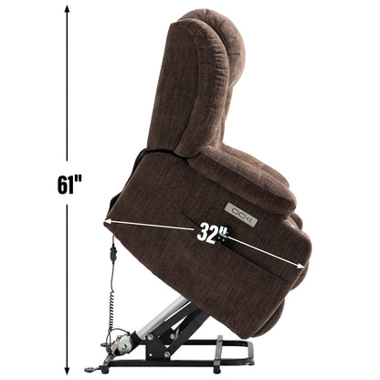 Fauteuil inclinable électrique en chenille grise avec fonction massage, chauffage lombaire, ports USB et Type-C et porte-gobelets en acier inoxydable