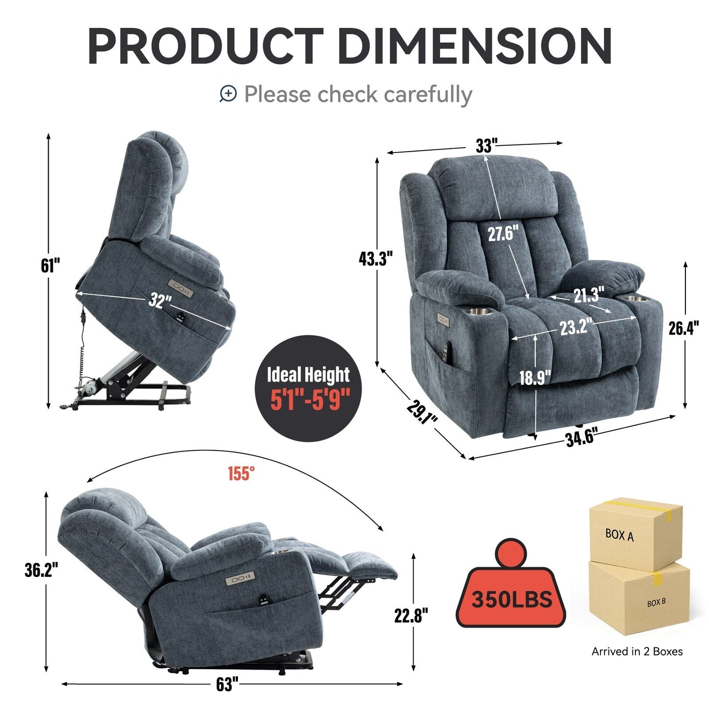 Fauteuil inclinable électrique en chenille grise avec fonction massage, chauffage lombaire, ports USB et Type-C et porte-gobelets en acier inoxydable