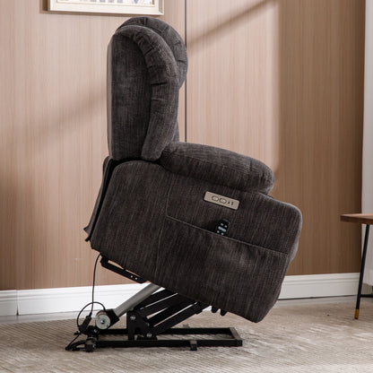 Fauteuil inclinable électrique en chenille grise avec fonction massage, chauffage lombaire, ports USB et Type-C et porte-gobelets en acier inoxydable