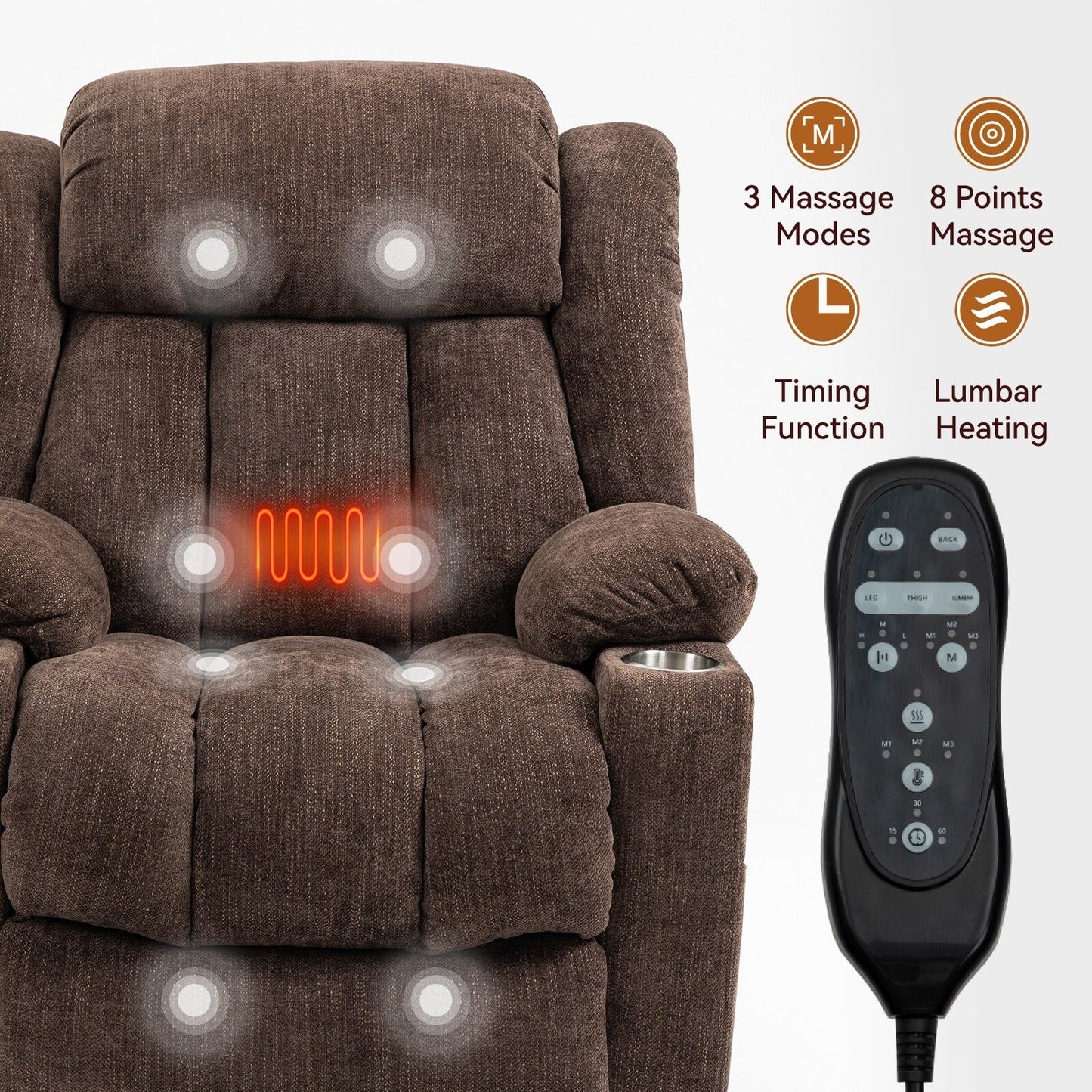 Fauteuil inclinable électrique en chenille grise avec fonction massage, chauffage lombaire, ports USB et Type-C et porte-gobelets en acier inoxydable
