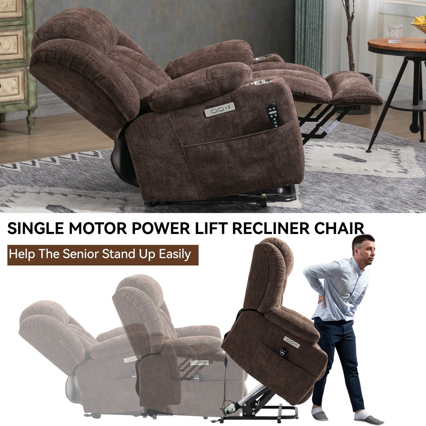 Fauteuil inclinable électrique en chenille grise avec fonction massage, chauffage lombaire, ports USB et Type-C et porte-gobelets en acier inoxydable