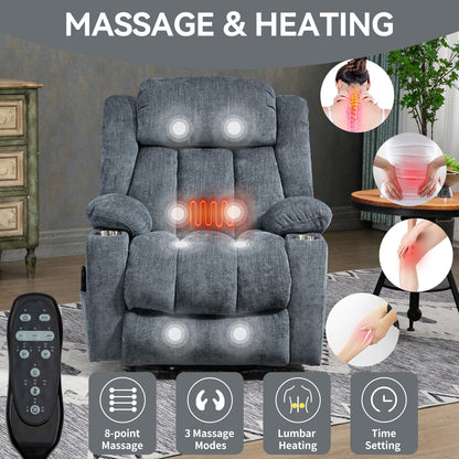 Fauteuil inclinable électrique en chenille grise avec fonction massage, chauffage lombaire, ports USB et Type-C et porte-gobelets en acier inoxydable