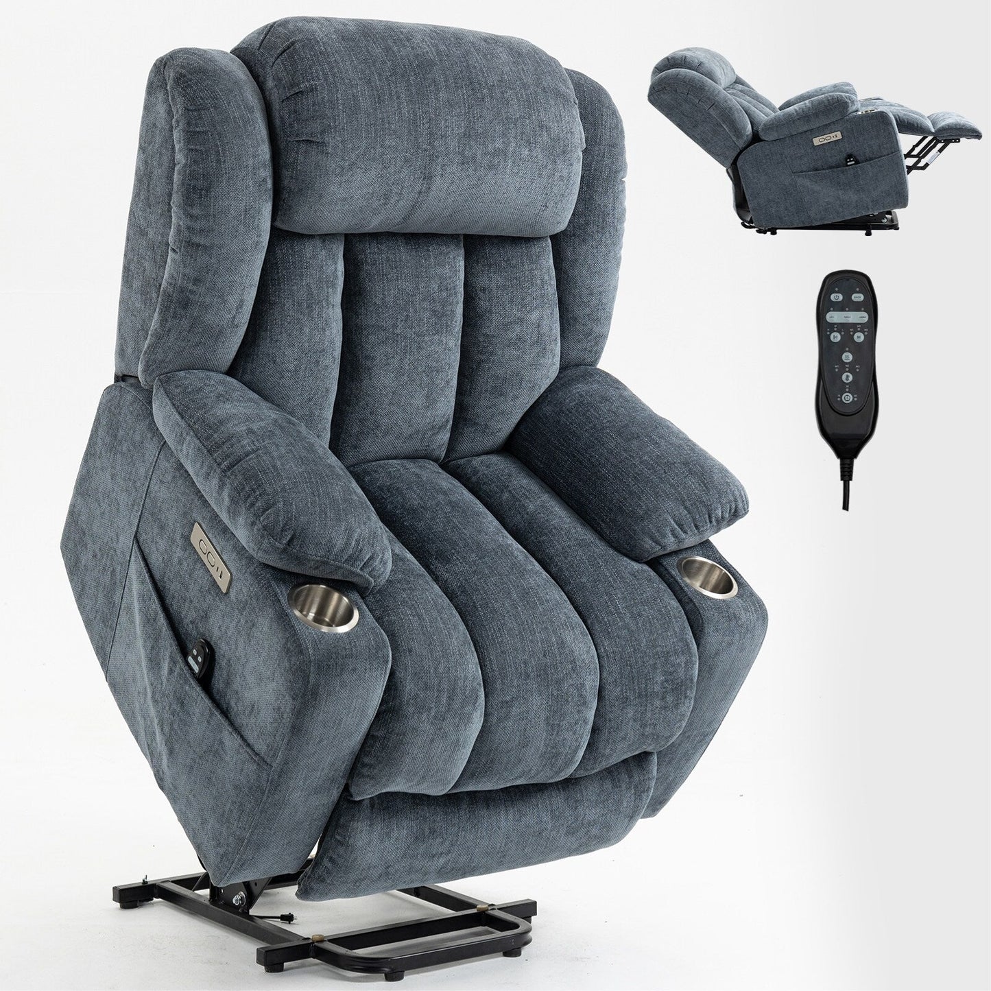 Fauteuil inclinable électrique en chenille grise avec fonction massage, chauffage lombaire, ports USB et Type-C et porte-gobelets en acier inoxydable