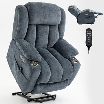 Fauteuil inclinable électrique en chenille grise avec fonction massage, chauffage lombaire, ports USB et Type-C et porte-gobelets en acier inoxydable