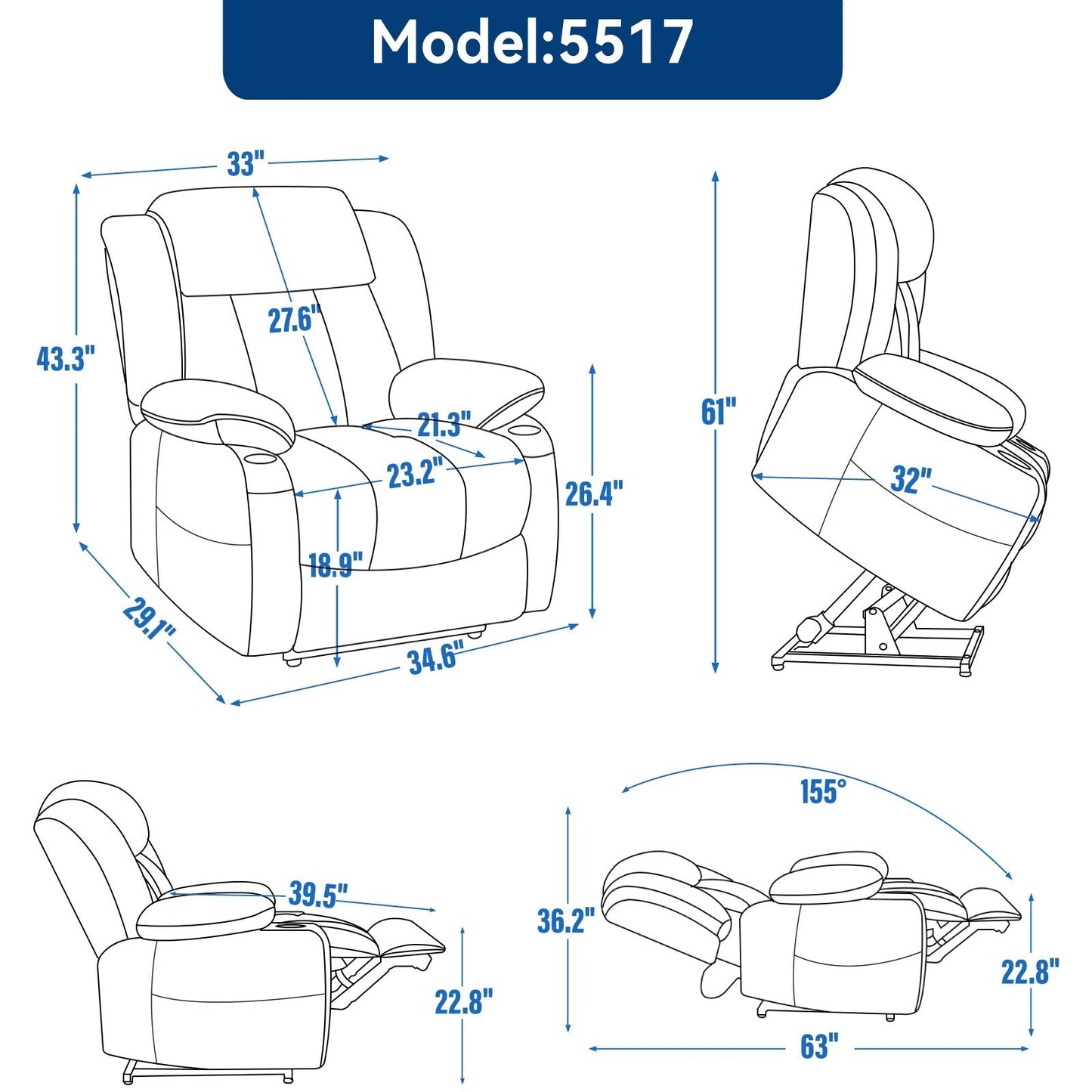 Fauteuil inclinable électrique en chenille grise avec fonction massage, chauffage lombaire, ports USB et Type-C et porte-gobelets en acier inoxydable