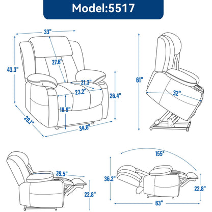 Fauteuil inclinable électrique en chenille grise avec fonction massage, chauffage lombaire, ports USB et Type-C et porte-gobelets en acier inoxydable