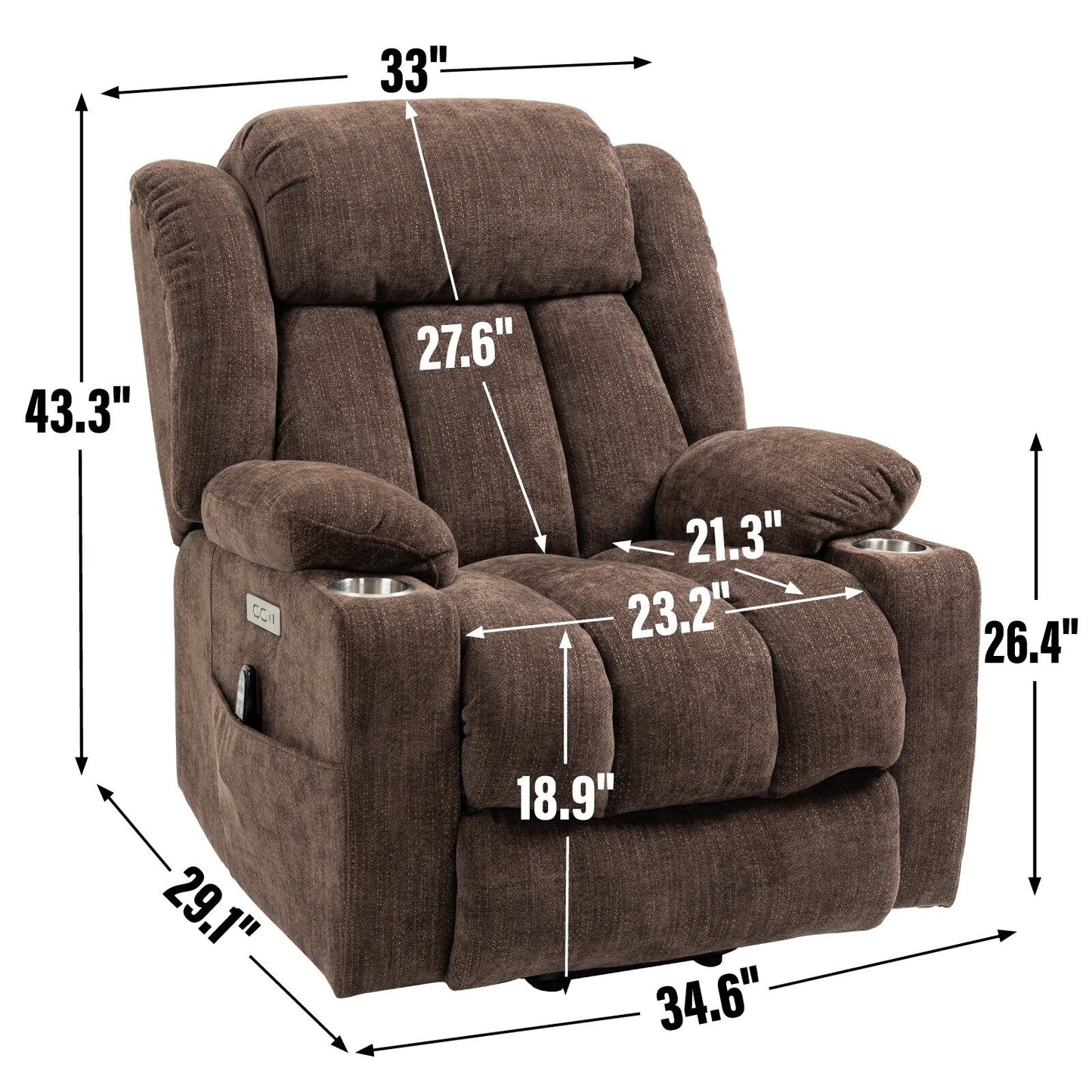 Fauteuil inclinable électrique en chenille grise avec fonction massage, chauffage lombaire, ports USB et Type-C et porte-gobelets en acier inoxydable