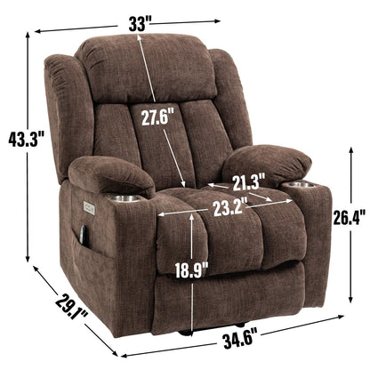 Fauteuil inclinable électrique en chenille grise avec fonction massage, chauffage lombaire, ports USB et Type-C et porte-gobelets en acier inoxydable
