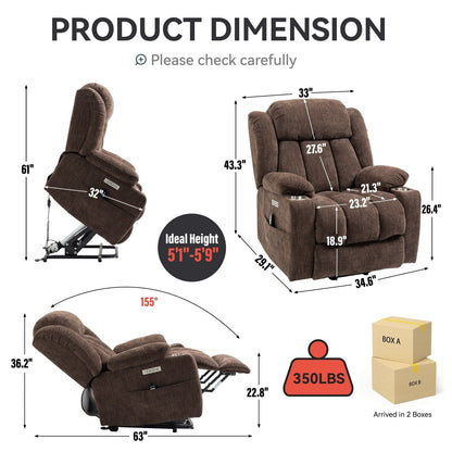 Fauteuil inclinable électrique en chenille grise avec fonction massage, chauffage lombaire, ports USB et Type-C et porte-gobelets en acier inoxydable