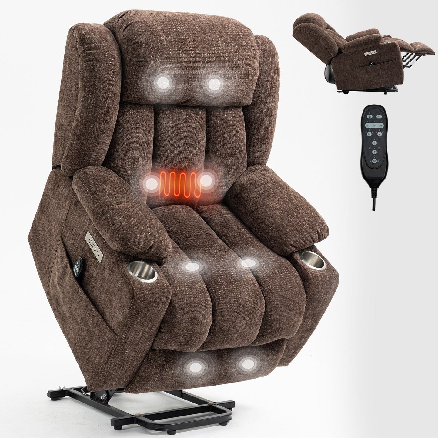 Fauteuil inclinable électrique en chenille grise avec fonction massage, chauffage lombaire, ports USB et Type-C et porte-gobelets en acier inoxydable