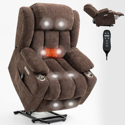 Fauteuil inclinable électrique en chenille grise avec fonction massage, chauffage lombaire, ports USB et Type-C et porte-gobelets en acier inoxydable