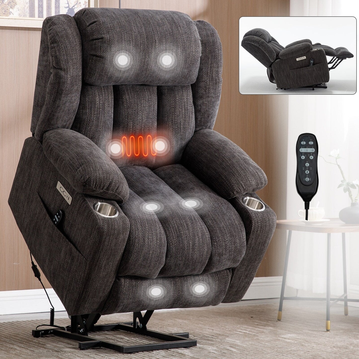 Fauteuil inclinable électrique en chenille grise avec fonction massage, chauffage lombaire, ports USB et Type-C et porte-gobelets en acier inoxydable