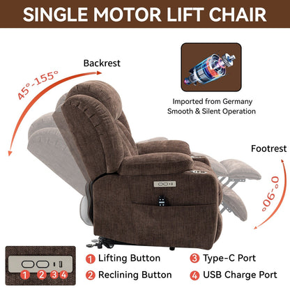 Fauteuil inclinable électrique en chenille grise avec fonction massage, chauffage lombaire, ports USB et Type-C et porte-gobelets en acier inoxydable