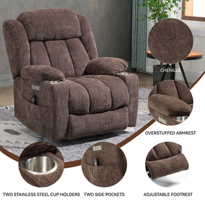Fauteuil inclinable électrique en chenille grise avec fonction massage, chauffage lombaire, ports USB et Type-C et porte-gobelets en acier inoxydable