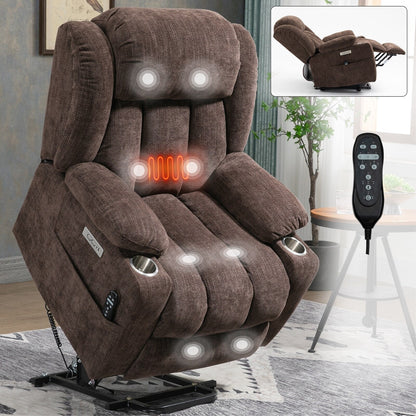 Fauteuil inclinable électrique en chenille grise avec fonction massage, chauffage lombaire, ports USB et Type-C et porte-gobelets en acier inoxydable