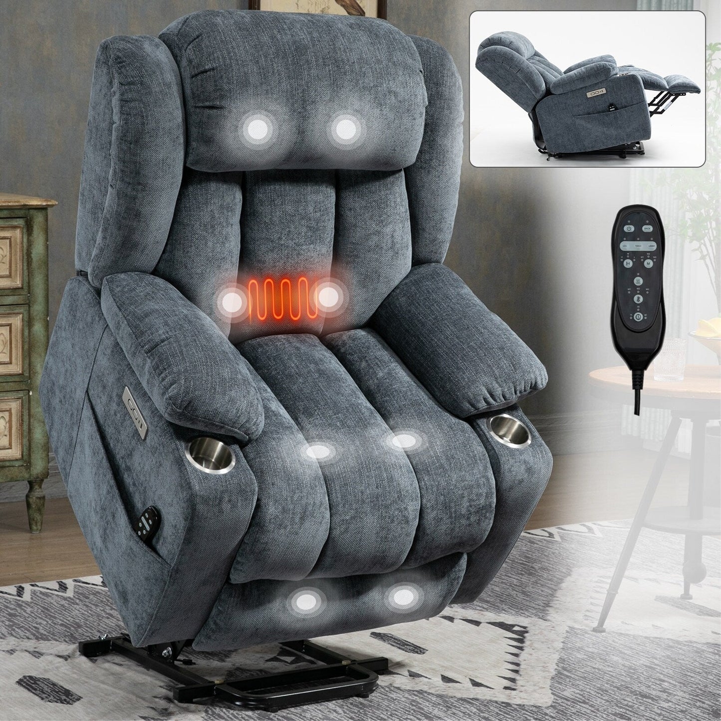 Fauteuil inclinable électrique en chenille grise avec fonction massage, chauffage lombaire, ports USB et Type-C et porte-gobelets en acier inoxydable