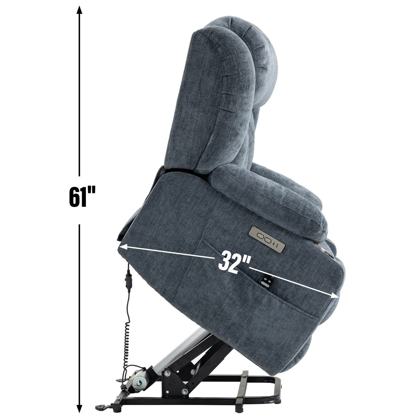 Fauteuil inclinable électrique en chenille grise avec fonction massage, chauffage lombaire, ports USB et Type-C et porte-gobelets en acier inoxydable