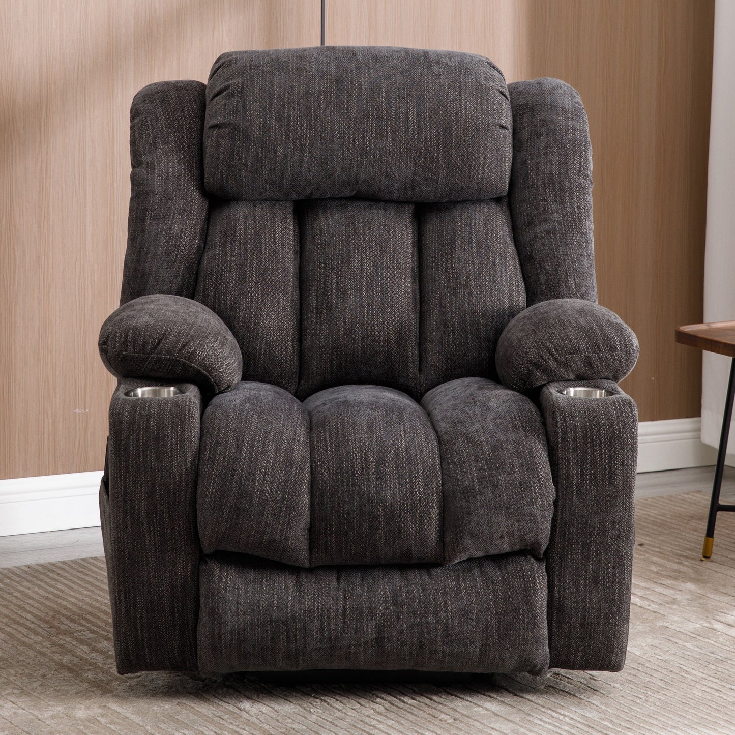 Fauteuil inclinable électrique en chenille grise avec fonction massage, chauffage lombaire, ports USB et Type-C et porte-gobelets en acier inoxydable