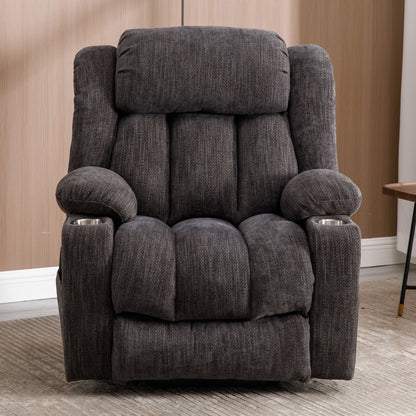 Fauteuil inclinable électrique en chenille grise avec fonction massage, chauffage lombaire, ports USB et Type-C et porte-gobelets en acier inoxydable