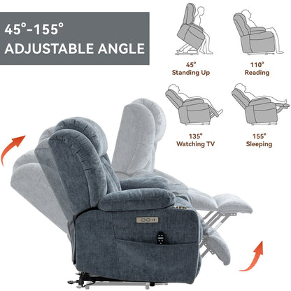 Fauteuil inclinable électrique en chenille grise avec fonction massage, chauffage lombaire, ports USB et Type-C et porte-gobelets en acier inoxydable