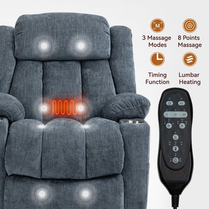 Fauteuil inclinable électrique en chenille grise avec fonction massage, chauffage lombaire, ports USB et Type-C et porte-gobelets en acier inoxydable