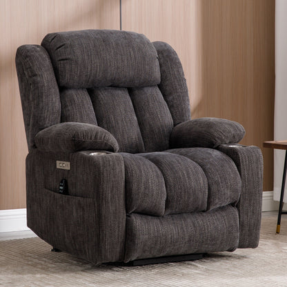 Fauteuil inclinable électrique en chenille grise avec fonction massage, chauffage lombaire, ports USB et Type-C et porte-gobelets en acier inoxydable