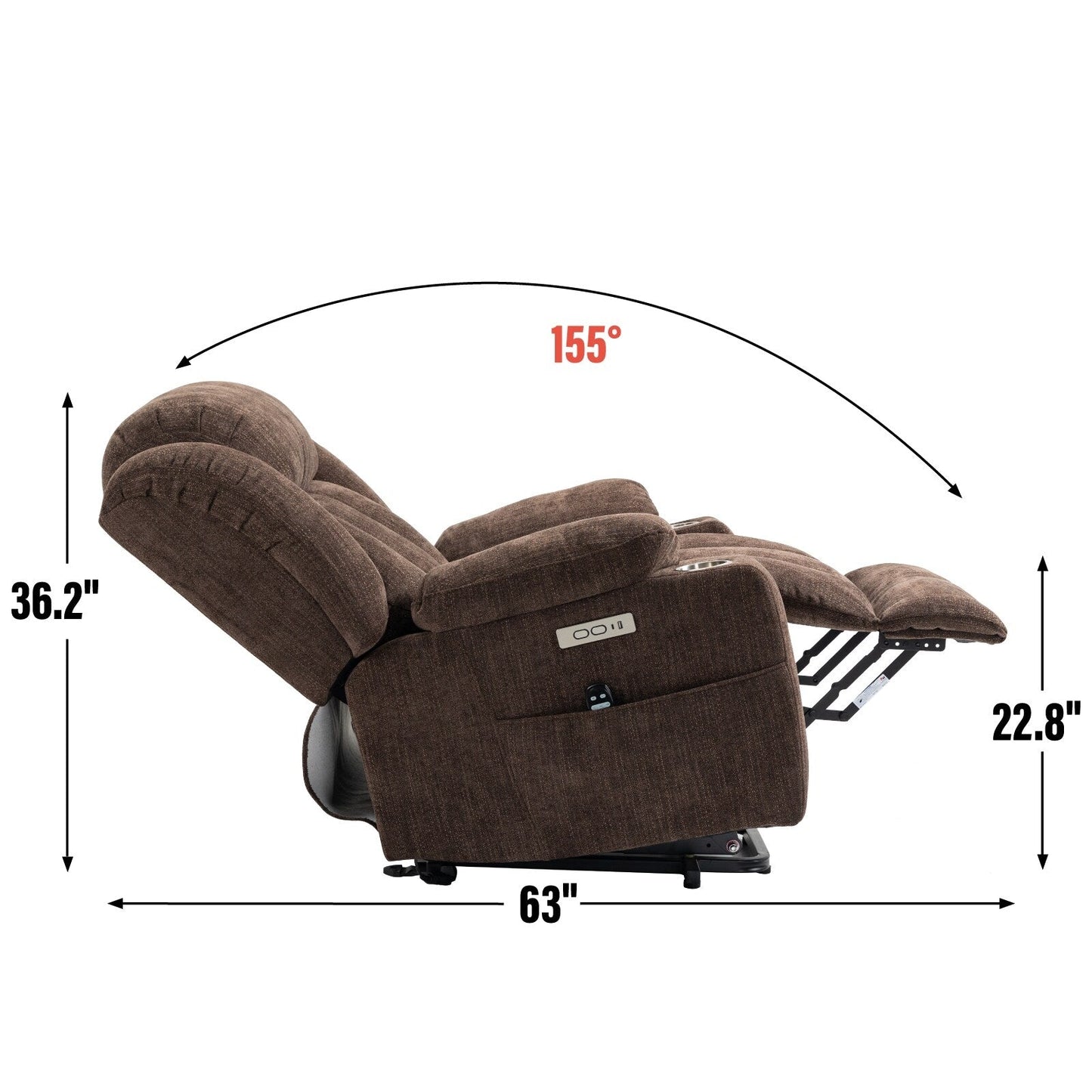 Fauteuil inclinable électrique en chenille grise avec fonction massage, chauffage lombaire, ports USB et Type-C et porte-gobelets en acier inoxydable