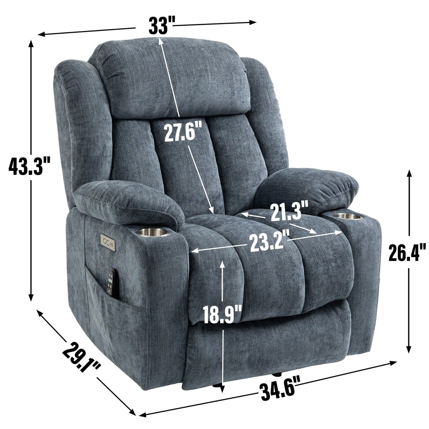 Fauteuil inclinable électrique en chenille grise avec fonction massage, chauffage lombaire, ports USB et Type-C et porte-gobelets en acier inoxydable