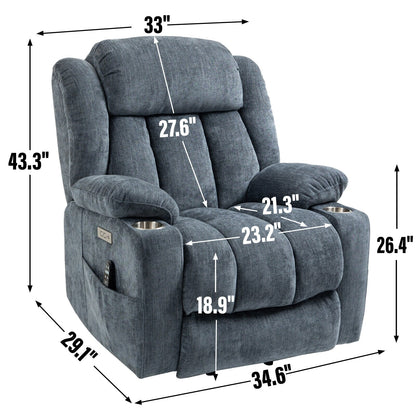 Fauteuil inclinable électrique en chenille grise avec fonction massage, chauffage lombaire, ports USB et Type-C et porte-gobelets en acier inoxydable