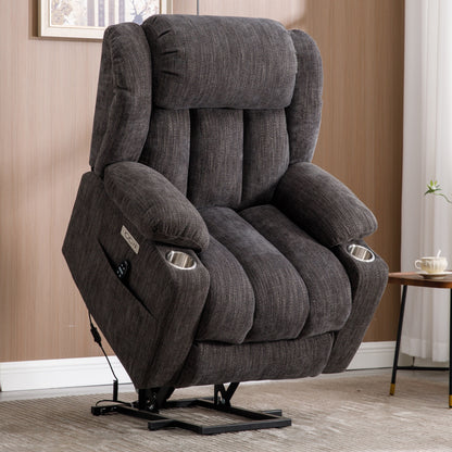 Fauteuil inclinable électrique en chenille grise avec fonction massage, chauffage lombaire, ports USB et Type-C et porte-gobelets en acier inoxydable