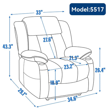 Fauteuil inclinable électrique en chenille grise avec fonction massage, chauffage lombaire, ports USB et Type-C et porte-gobelets en acier inoxydable