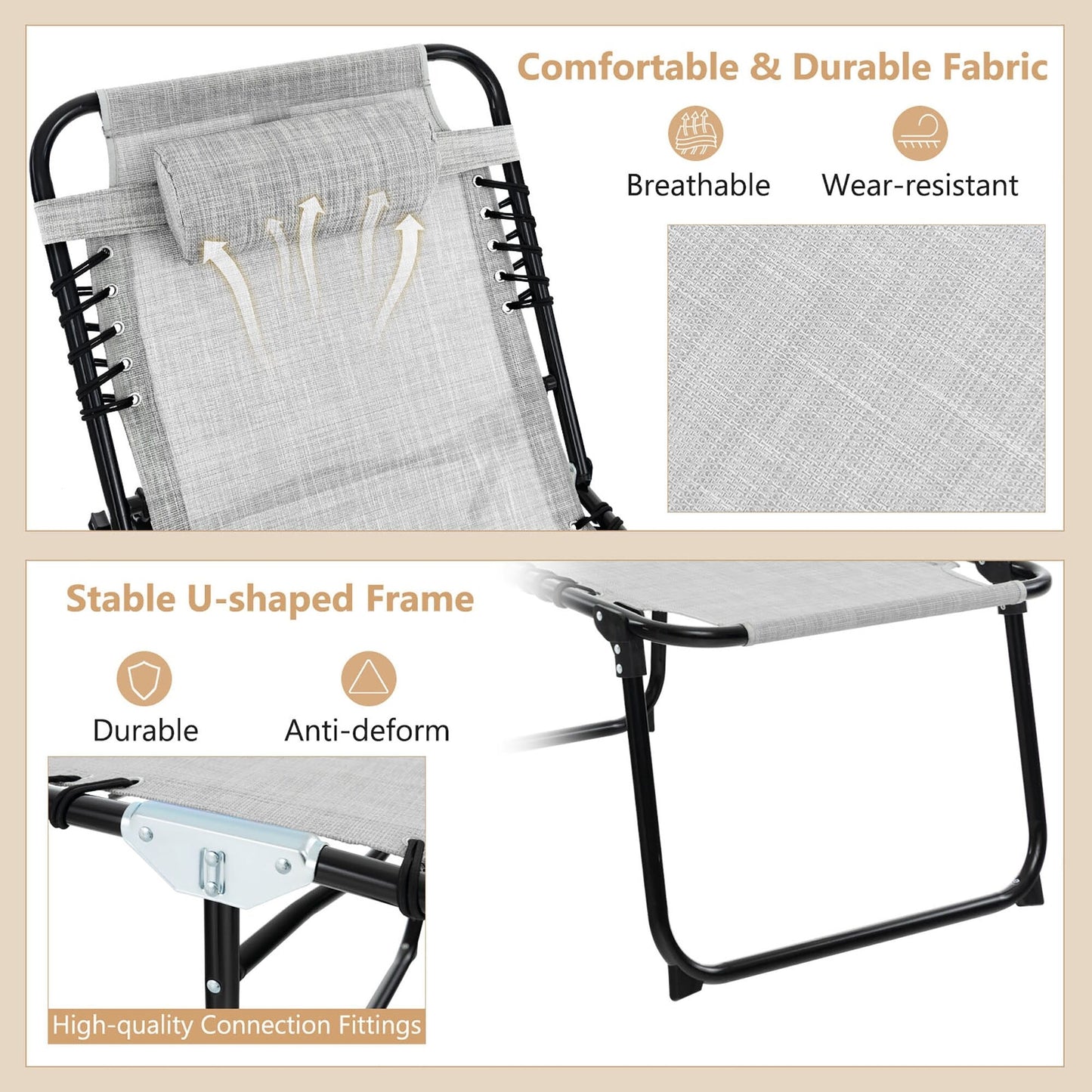 Chaise longue de plage pliante Gymax avec coussin, 4 positions