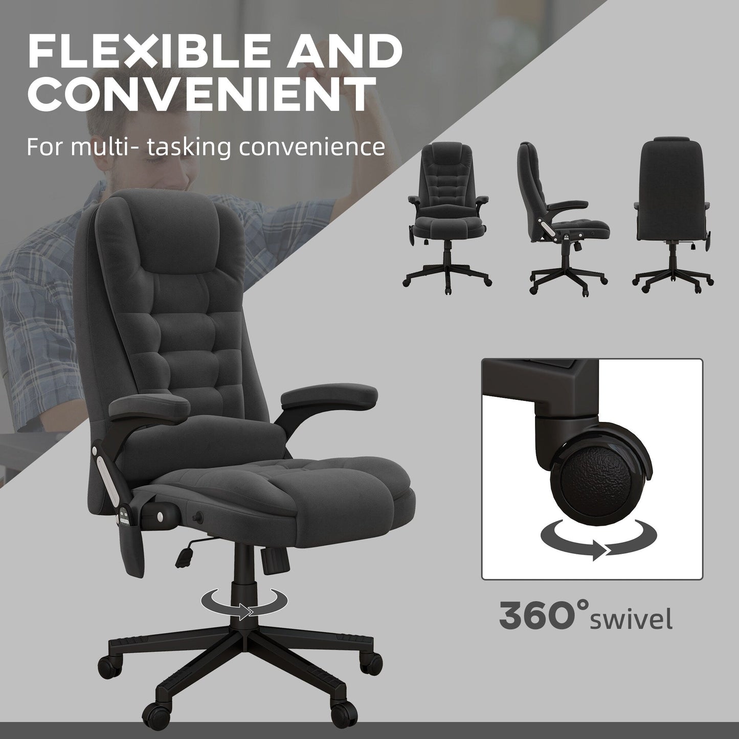 Fauteuil de bureau massant et vibrant HOMCOM à 6 points avec fonction chauffante, fauteuil de direction en velours à dossier haut inclinable