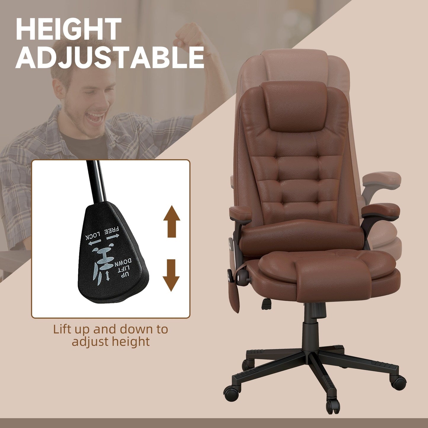 Fauteuil de bureau massant à dossier haut HOMCOM avec 6 points de vibration, beige