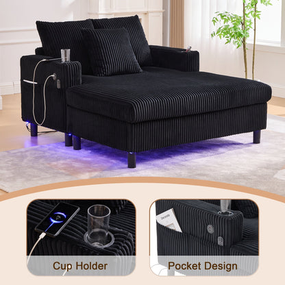 Canapé-lit inclinable surdimensionné HOMEFUN en velours côtelé avec éclairage LED RGB, porte-gobelet, port USB et 3 coussins