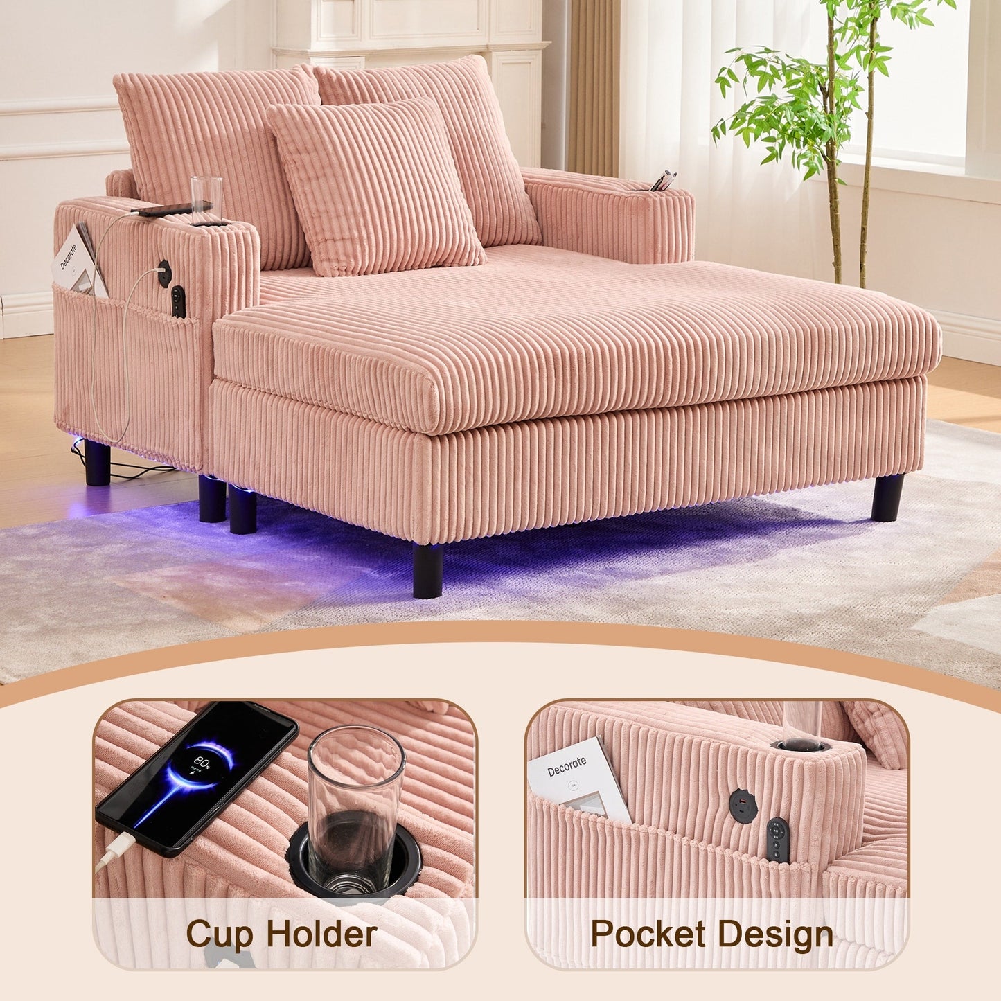 Canapé-lit inclinable surdimensionné HOMEFUN en velours côtelé avec éclairage LED RGB, porte-gobelet, port USB et 3 coussins