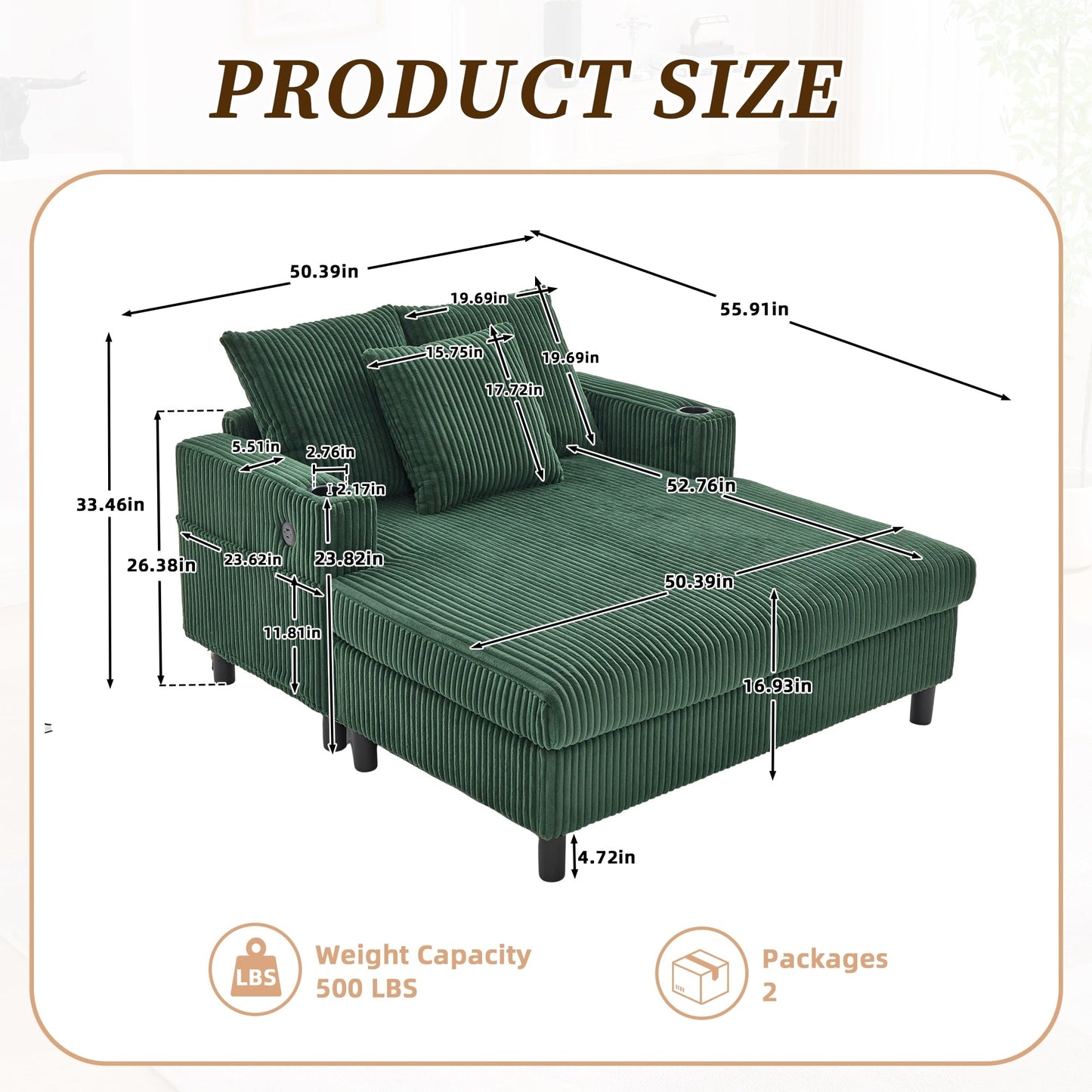 Canapé-lit inclinable surdimensionné HOMEFUN en velours côtelé avec éclairage LED RGB, porte-gobelet, port USB et 3 coussins