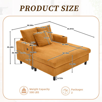 Canapé-lit inclinable surdimensionné HOMEFUN en velours côtelé avec éclairage LED RGB, porte-gobelet, port USB et 3 coussins