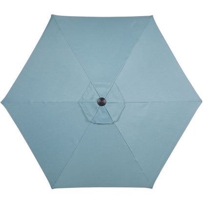 Ensemble de salle à manger 5 pièces Hanover Lavallette bleu océan avec 4 chaises fixes, table ronde en verre de 132 cm, parasol et pied de table.