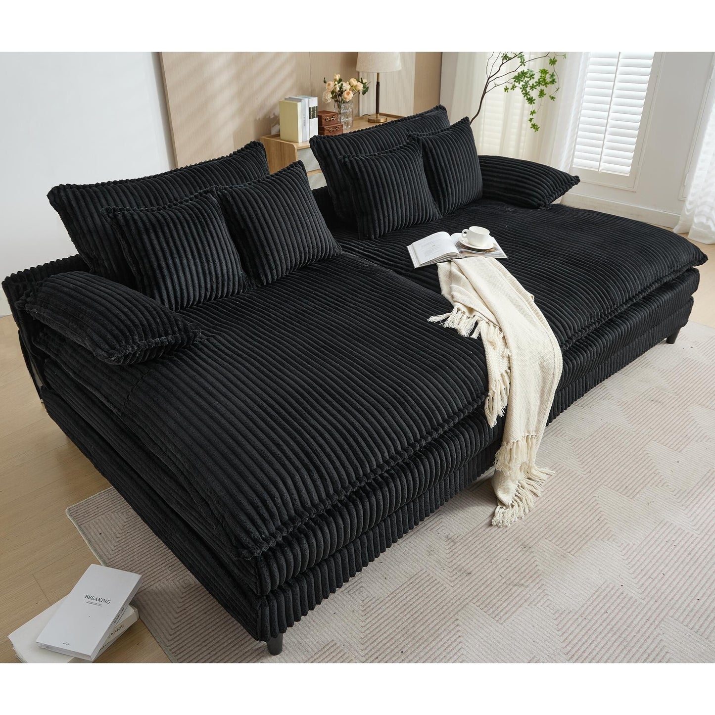 Canapé-lit surdimensionné Harmonia 109 W en velours côtelé, méridienne double profonde avec 4 coussins